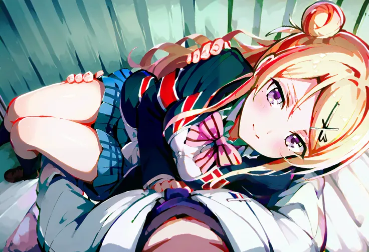 kujo karen, long hair, medium breasts, blonde hair, purple eyes, single hair bun, x hair ornament, union jack, jacket, pink bowtie, school uniform, shirt, blue skirt,pov, p0vpr1nc4rry, princesscarrypose, carrying person, from above, on side, lying on arms,...