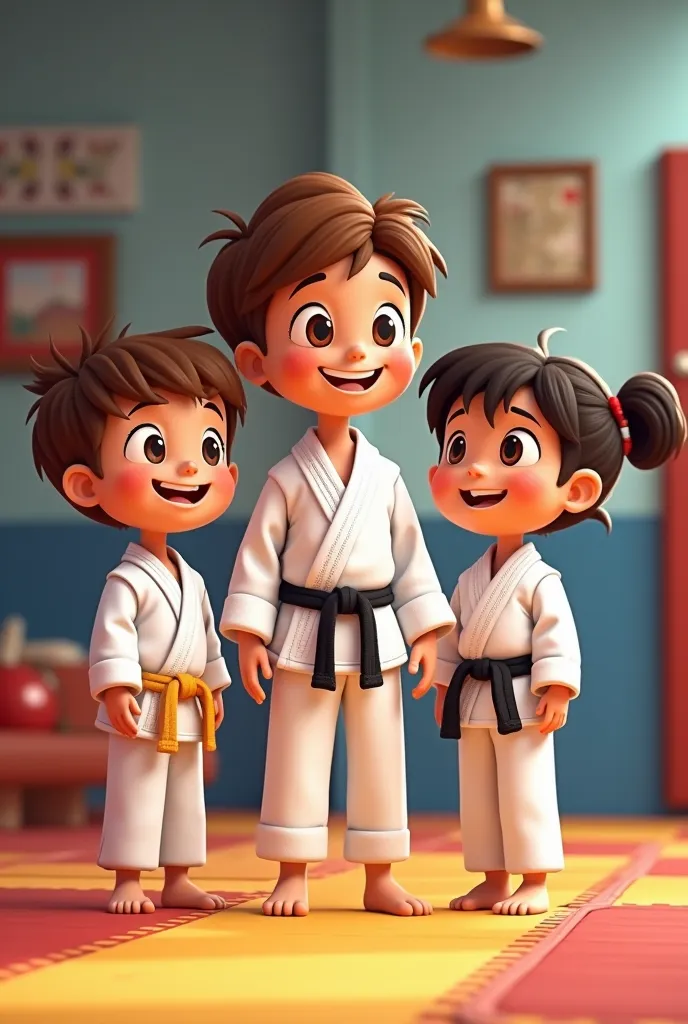 Create a playful cartoon for the age group from 03 to 06 years of Jiu Jitsu students standing side by side and paying attention to the black belt teacher who is in front of them