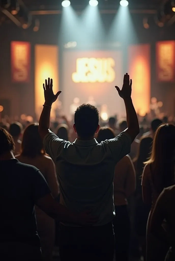 "A realistic image of a group of people in a church worship setting. The focus is on one person's hands raised in worship, illuminated by a spotlight, with the worship stage in the background. The stage has soft lighting and banners or projections featurin...