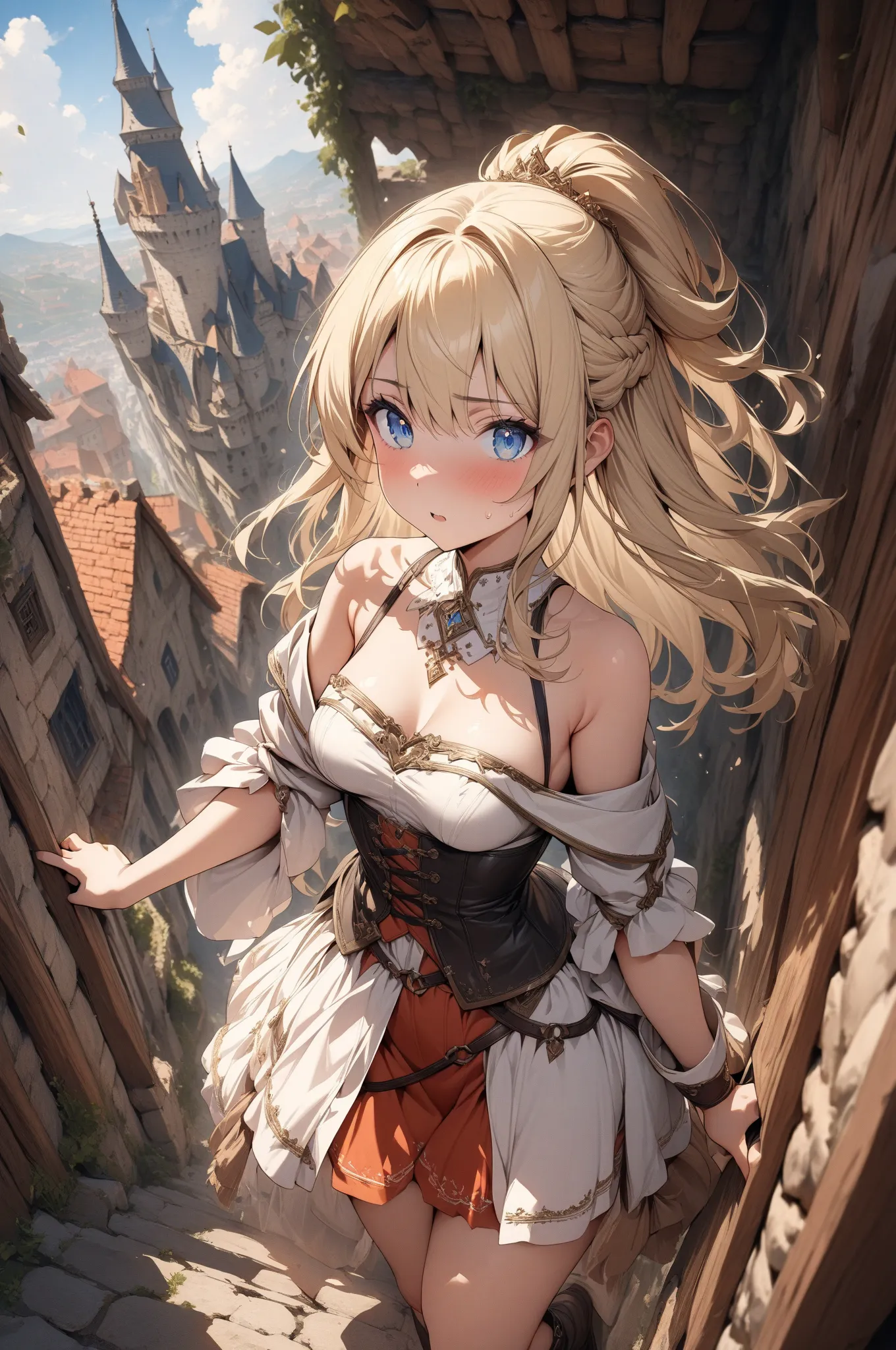 (masterpiece, detailed:1.2), One Girl, Princess, (18-years old), blonde half updo, Medium Breasts, sky blue eyes, BREAK, Highest quality, off shoulder,  Fullbody, castle town