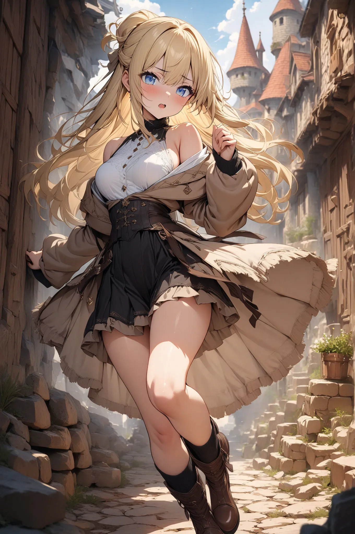 (masterpiece, detailed:1.2), One Girl, Princess, (18-years old), blonde half updo, Medium Breasts, sky blue eyes, BREAK, Highest quality, off shoulder,  Fullbody, castle town