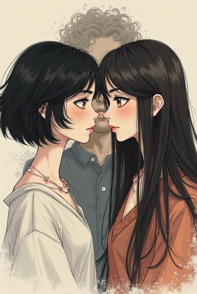 Draw a 2 woman one has a black short hair and the other one have a straight long black brown hair(she is a transowman so draw a man behind her that is fading away as he look at the other girl) they are looking at each other but they have tears in their eye...