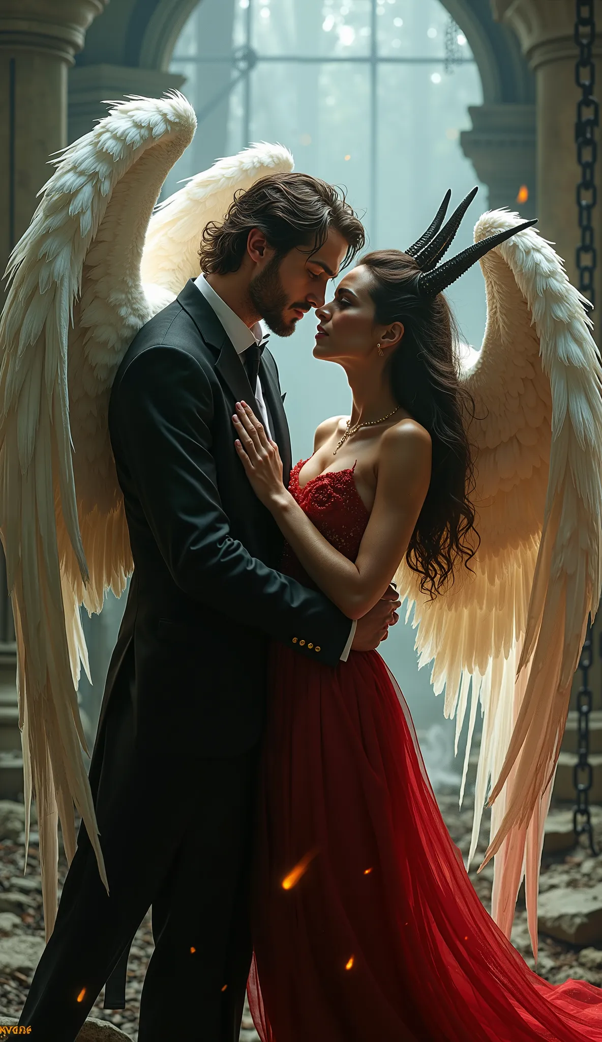 Hyper-realistic, high detail. A majestic male angel with powerful white wings embraces a seductive demoness, their lips inches apart, locked in a moment of forbidden passion. The angel's golden halo flickers faintly, as if struggling to resist the darkness...