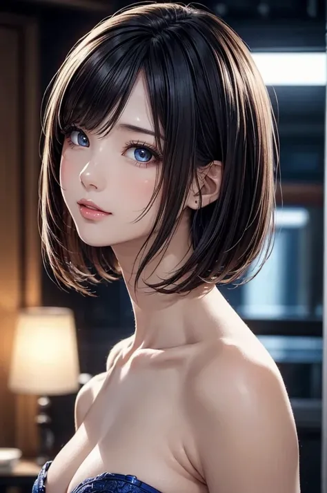 (masterpiece, high quality:1.2), 1girl, detailed, beautiful, straight bob hair, long eyelashes, detailed beautiful eyes, perfect eyeliner, beautiful glossy lips, soft facial contours, radiant skin glow, realistic skin pores, large breasts, wearing a blue s...