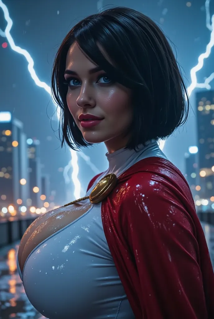 **"A dramatic, ultra-detailed 4K masterpiece scene set in the middle of a fierce storm, rain pouring down heavily as lightning crackles in the dark sky. Power Girl, with her striking medium-length black hair streaked with blue highlights, stands strong and...