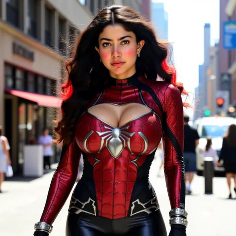 A stunning female superhero in a skin-tight, glossy red and black spider-themed bodysuit with intricate web patterns and metallic accents. The bodysuit has a bold, revealing chest cutout, adorned with a silver spider emblem at the center. She wears sleek b...