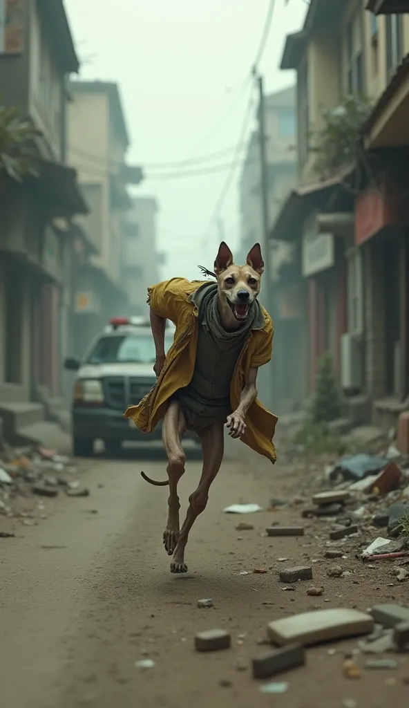 Skinny dog human shaped wearing baggy clothes in the american hood , running from a broke police car , 8k full hd 