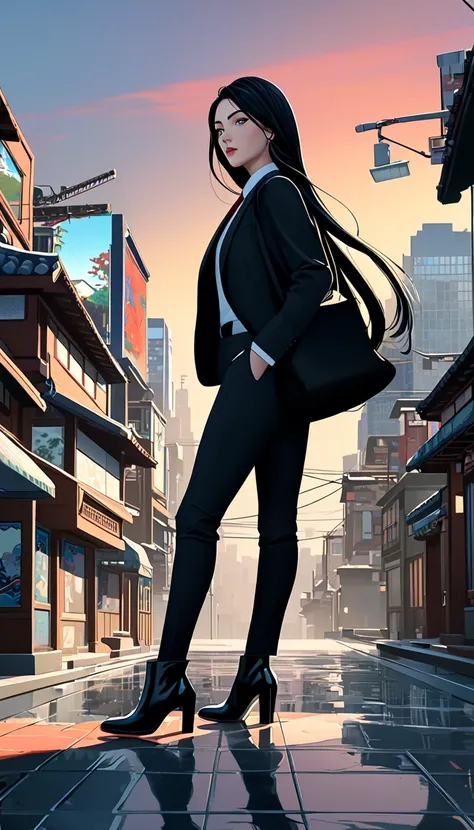 top quality, 26 year old female, black hair, long hair,  dark eyes , black clothes,  suit,  suit긴바지,  is standing,  city background, High Resolution, Realistic, Rich color , Professional levelanimation 스타일, 4K, 극Realistic, Professional level, vibrant color...