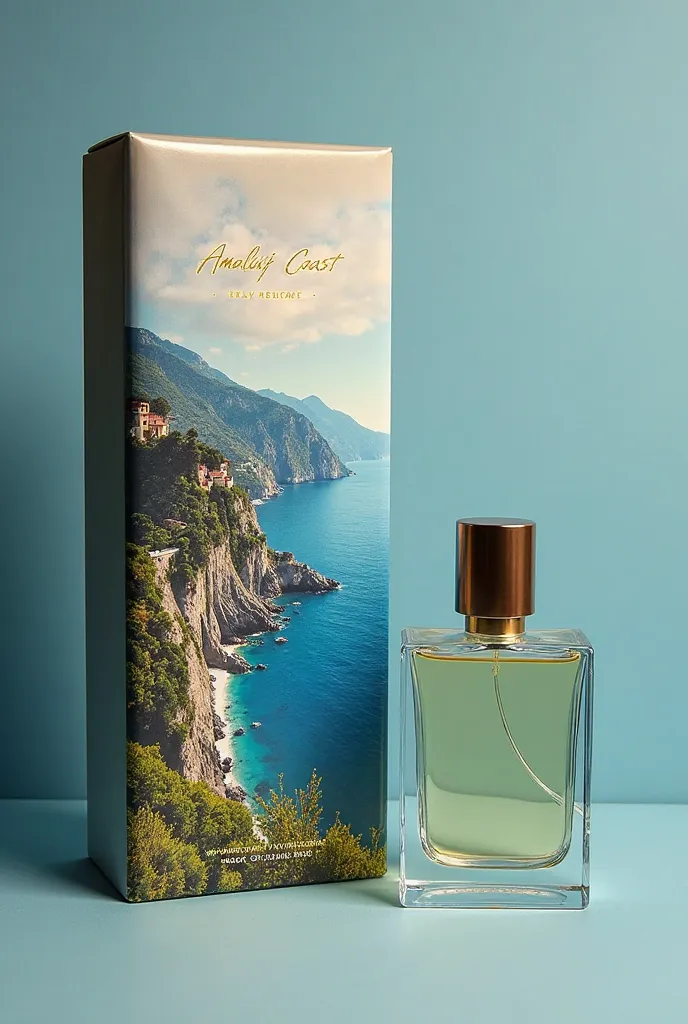 Packaging of an elegant men's perfume inspired by Italy with the name "Amalfi coast"