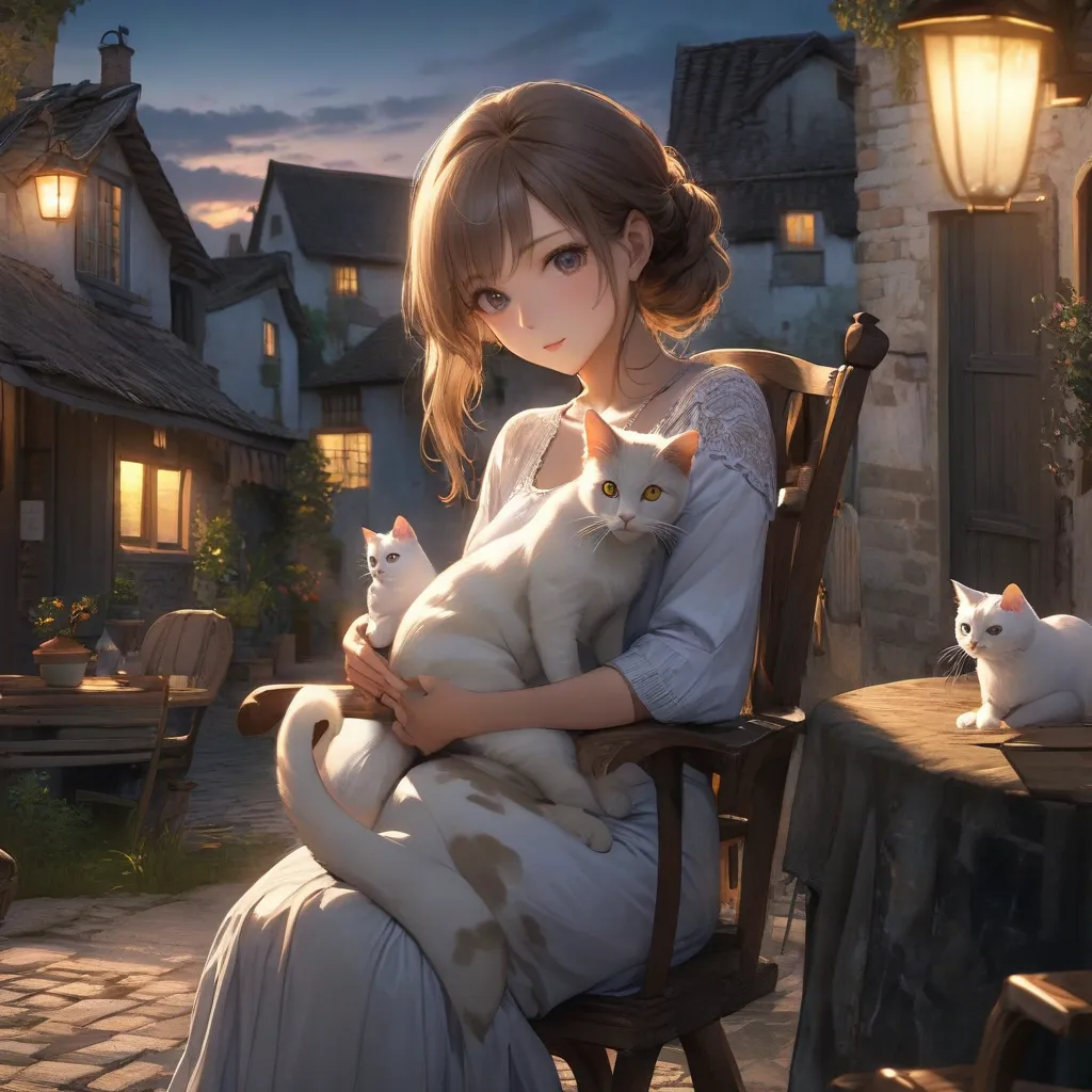 " Beautiful and sexy village woman holding a cat on a chair at dusk. Photorealistic"