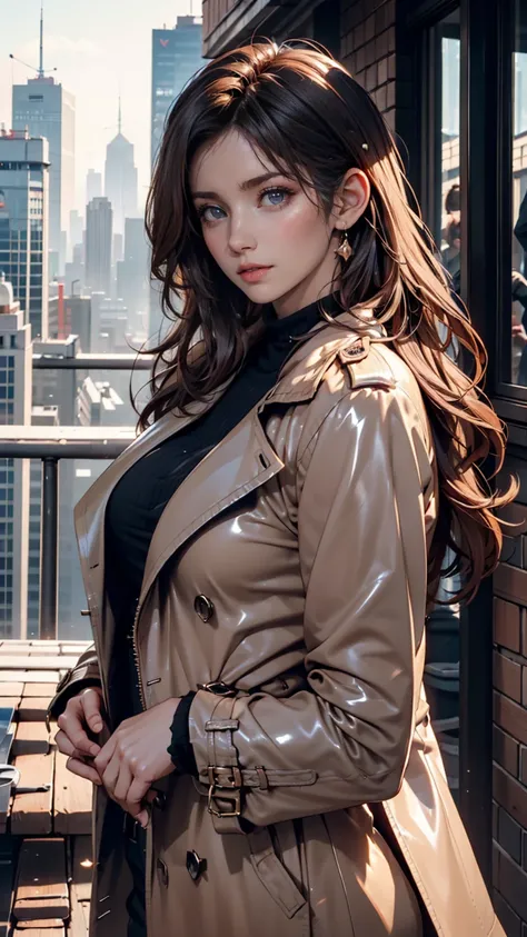  matrix、Trinity、Young Scandinavian woman, cute face,  enchanting, top quality, masterpiece, ((( soft lips ))), (((glossy lips))), very detailed, (Semi-Realistic:1.2), Long Leather Trench Coat、leather pants、 Bbo~、Fantastic Skyscraper Rooftop