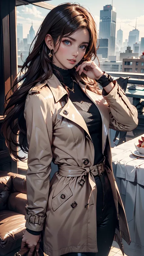  matrix、Trinity、Young Scandinavian woman, cute face,  enchanting, top quality, masterpiece, ((( soft lips ))), (((glossy lips))), very detailed, (Semi-Realistic:1.2), Long Leather Trench Coat、leather pants、 Bbo~、Fantastic Skyscraper Rooftop