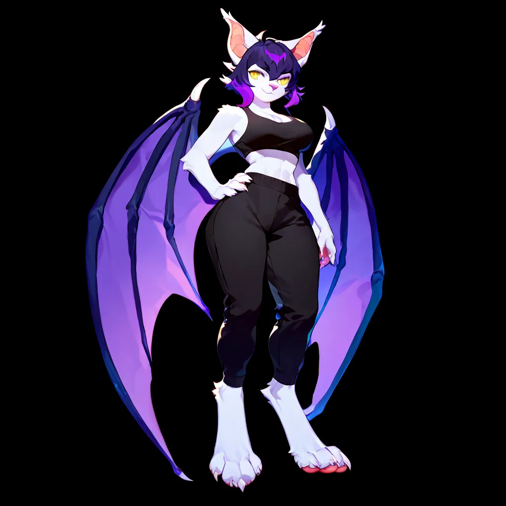 Anime style, clean lines, female Anthro bat, buxom build,  ((tall curvy figure)), short white fur, neutral expression, vivid yellow eyes, digitigrade legs, ((black and purple bat wings:1.2)), white paws, ((solid black background)), pointed white bat ears, ...