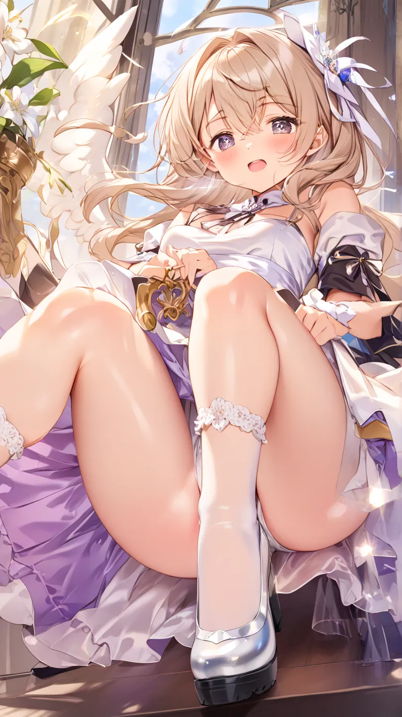  cute angels、upskirt、amazing thighs、beautiful young woman、full body、nice dress、shiny skirt with open legs、standing、fanning crotch