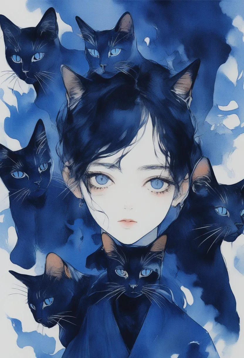 (best quality, navy background sketch:1.2),realistic, masterpiece, TOP QUALITY, best quality, official art, beautiful and artistic:1.2), (Burning Blue Flames、Blue Flames in the Shape of Lots of Cats、Cool girl、 Staring at the Audience 、swaying flame、Egon Sc...