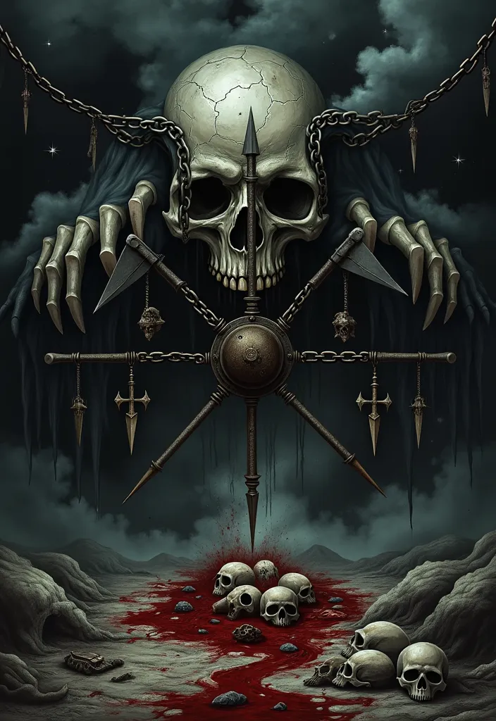 A dark illustration and intense representing death, with a detailed central occultic symbol, surrounded by an environment filled with mystery and darkness.  in the center, a cracked and aged skull, with empty eyes and a macabre expression. around, dense cl...