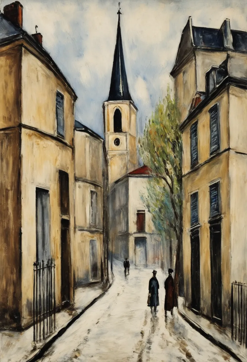 street painting with buildings and church in the background by Maurice Utrillo, By Maurice Utrillo, inspired By Maurice Utrillo, inspired by Josef Zermentowski,  Paul Delvaux style , by Émile Bernard, ユゼフ・ゼルメントフスキ作,  by Bertrand Szekely ,  Oil painting (19...