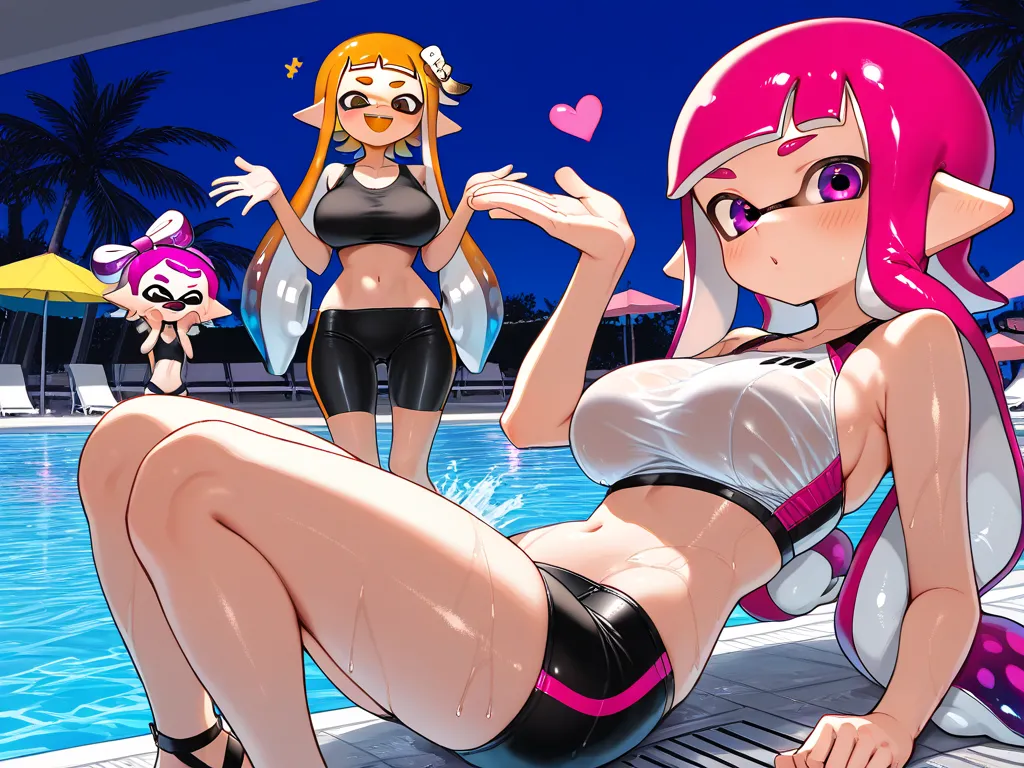 ( Masterpiece),  top quality,  expressive eyes,  Perfect Face, 3 girls,inkling girl, Splatoon , big breasts, wide hips,  thin waist, (  Sexy girl),black crop top, spandex shorts,With ribbon, , salon, Heeled Sandals,  good_feet, blanking,smile,Swimsuit mode...