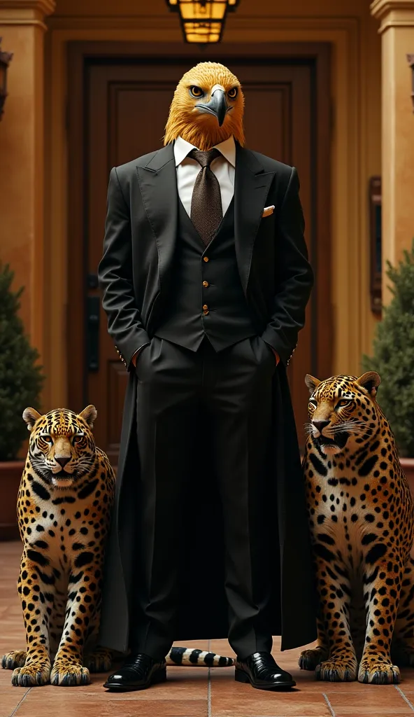 "Create an image of a Golden Eagle Mafia Boss standing in a lavish Mexican estate, dressed in an expensive black suit, holding a cigar. The eagle should have a human-like physique with intense, dangerous eyes. Jaguars and rattlesnakes act as the bodyguards...