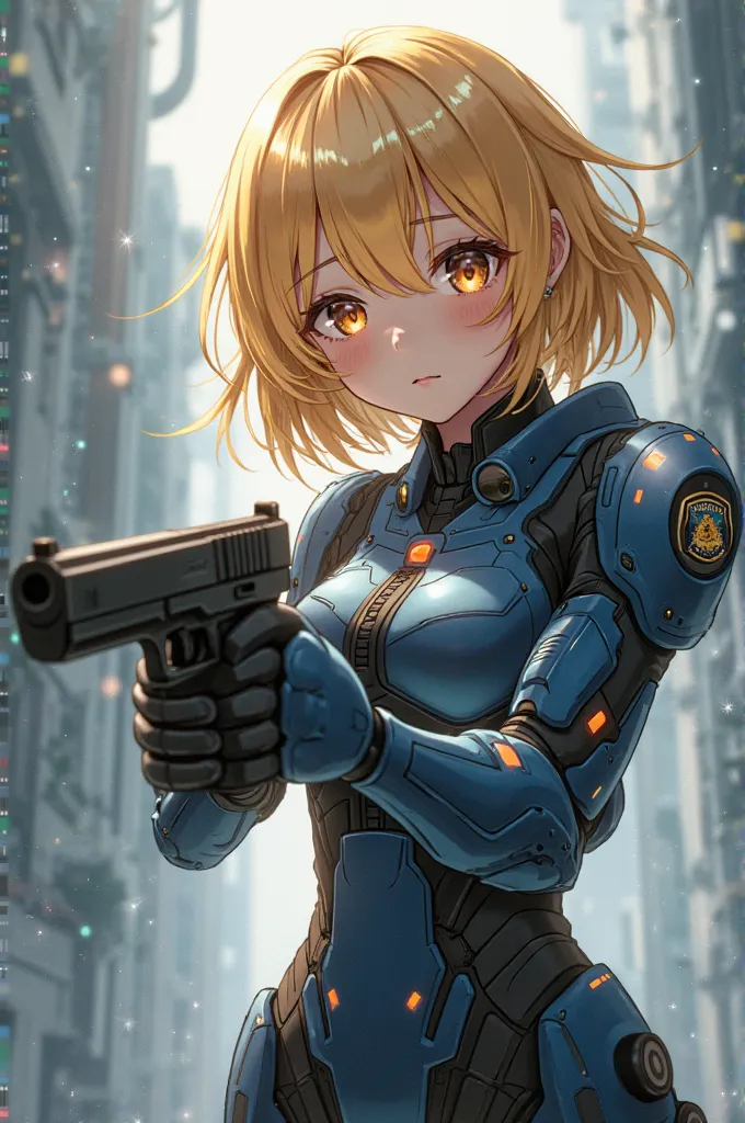 anime girl ,Golden Short Hair Girl ,Police Pattern Robot Suit ,cute look ,Holds two guns.