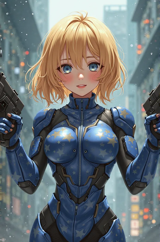 anime girl ,Golden Short Hair Girl ,Police Pattern Robot Suit ,cute look ,Holds two guns.