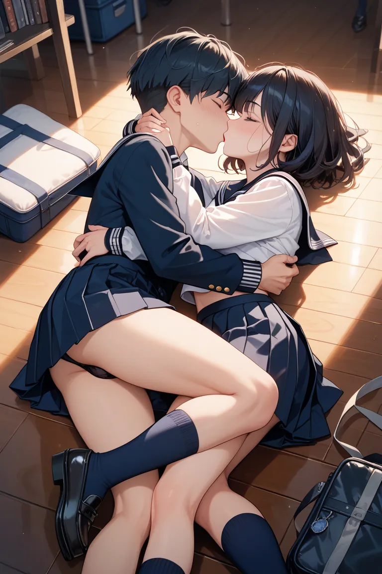 black sailor suit for winter ,long black pleated skirt,black loafers,navy blue high socks,black bikini,dark haired short bob,Athletic build,pretty girl,ecstatic expression,Late Night,School attic,lying on the floor,There's a boy ,2 people in the picture,hu...