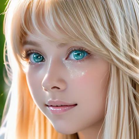 1 person、very cute and cute blond white girl、Super long blonde hair,  Beautiful and Cute  、美しい無造作なbangs、とても美しいSmall Face Beauty、 bright expression 、 beautiful big bright blue eyes , Baby blond that shines brightly、 super long silky straight hair、目と目の間のbang...