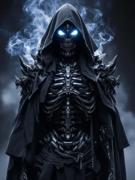 A dark mystical skeleton warrior in a hood, dressed in black robe with metallic armor. His glowing blue eyes shine from his, and smoke or magical energy swirls around him. Detailed ribs and bones blend seamlessly with futuristic mechanical inserts. Inspira...