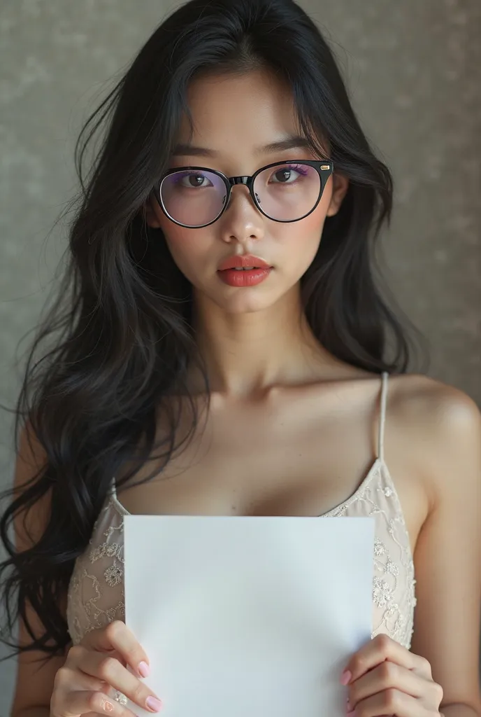 a beautiful asian girl with long black hair, white skin, big breasts and a curvy body wearing glasses and wearing a sexy dress while holding a plain white paper with a look at the camera and has a very seductive expression. realistic and real. the best pic...