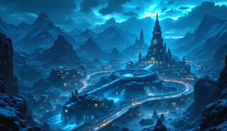 "A massive underwater city of the Thunderbringers, built beneath a frozen fjord. The city is made of steel and glass, with glowing blue runes covering its surface. The buildings are connected by tunnels and bridges, and the streets are lit by neon lights. ...