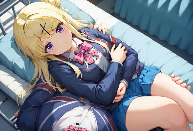 kujo karen, long hair, medium breasts, blonde hair, purple eyes, single hair bun, x hair ornament, union jack, jacket, pink bowtie, school uniform, shirt, blue skirt,pov, p0vpr1nc4rry, princesscarrypose, carrying person, from above, on side, lying on arms,...