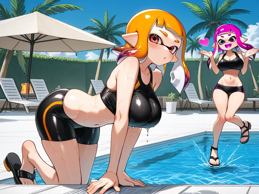 ( Masterpiece),  top quality,  expressive eyes,  Perfect Face, 3 girls,inkling girl, Splatoon , big breasts, wide hips,  thin waist, (  Sexy girl),black crop top, spandex shorts,With ribbon, , salon, Heeled Sandals,  good_feet, blanking,smile,Swimsuit mode...