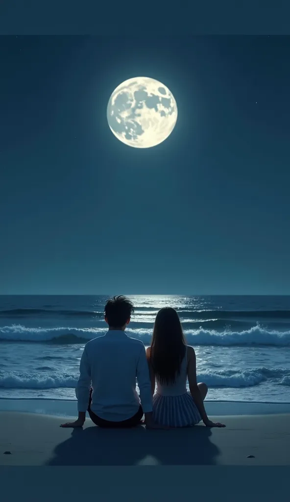 **Prompt for Image Generation:**  

"A 25-year-old couple and a  school couple standing on a beach at night under a full moon. The older couple looks mature and stylish, wearing casual modern outfits, while the school couple looks young and innocent, dress...