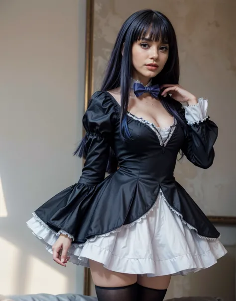 1 chica, full body photography, athletic, strong woman body, slim woman body, bowtie, frills, black dress, puffy sleeves, short over long sleeves, long sleeves, deep-blue hair, long hair, frederica bernkastel, purple hair, dress, bowtie, mary janes, socks,...