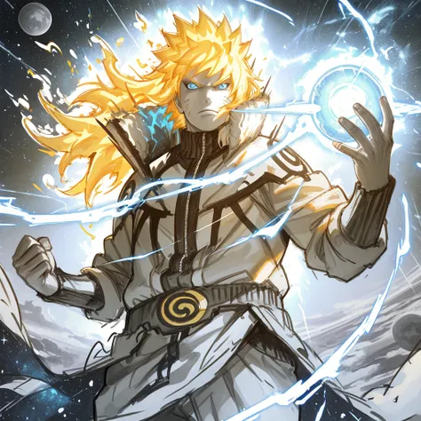 Masterpiece, 8k quality, extremely detailed, 1boy, male_focus, blonde_hair, solo, blue_eyes, uzumaki_naruto, facial_mark, looking_at_viewer, spiked_hair, whisker_markings, muscular_male, cosmic_background, swirling_galaxies, planets white_cloth, majestic_p...