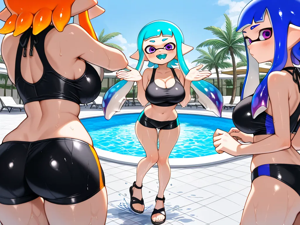 ( Masterpiece),  top quality,  expressive eyes,  Perfect Face, 3 girls,inkling girl, Splatoon , big breasts, wide hips,  thin waist, (  Sexy girl),black crop top, spandex shorts,With ribbon, , salon, Heeled Sandals,  good_feet, blanking,smile,Swimsuit mode...