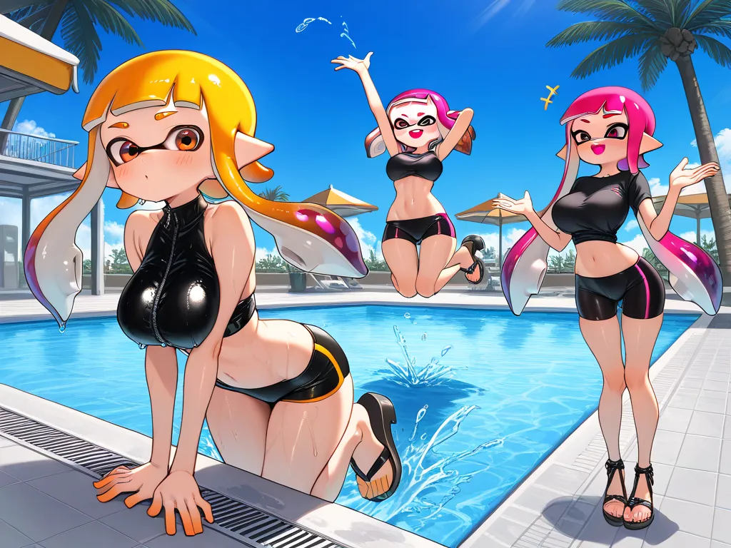 ( Masterpiece),  top quality,  expressive eyes,  Perfect Face, 3 girls,inkling girl, Splatoon , big breasts, wide hips,  thin waist, (  Sexy girl),black crop top, spandex shorts,With ribbon, , salon, Heeled Sandals,  good_feet, blanking,smile,Swimsuit mode...