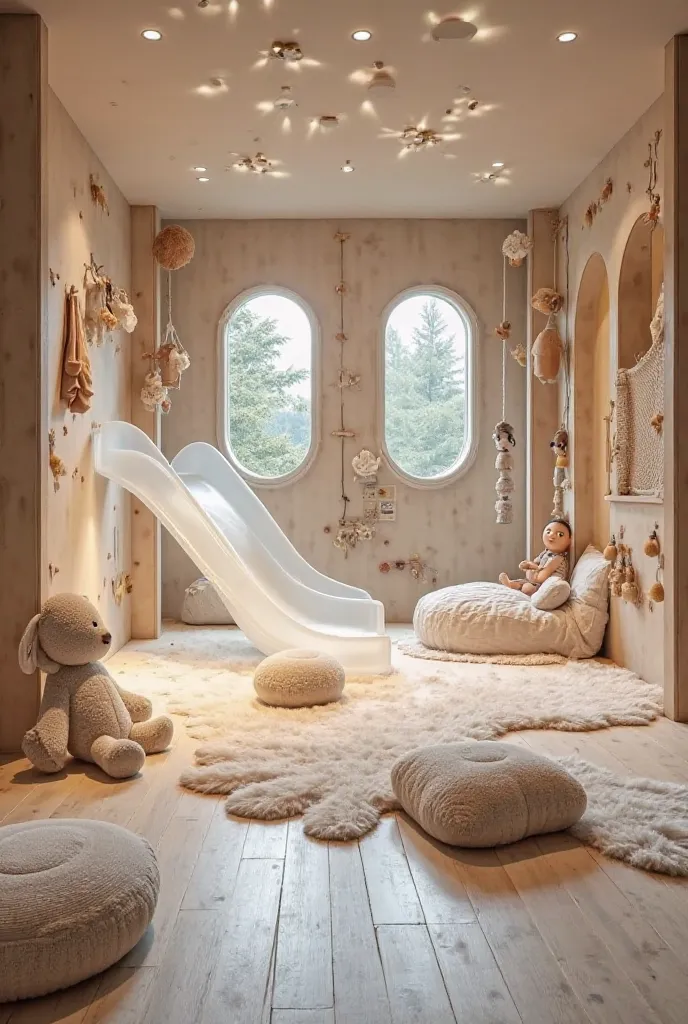 The second image shows an incredible space with an interactive design. There is a transparent slide that leads to a ball pool, hanging swings, plush toys and a cozy atmosphere with lots of decorative elements in neutral tones and wood.