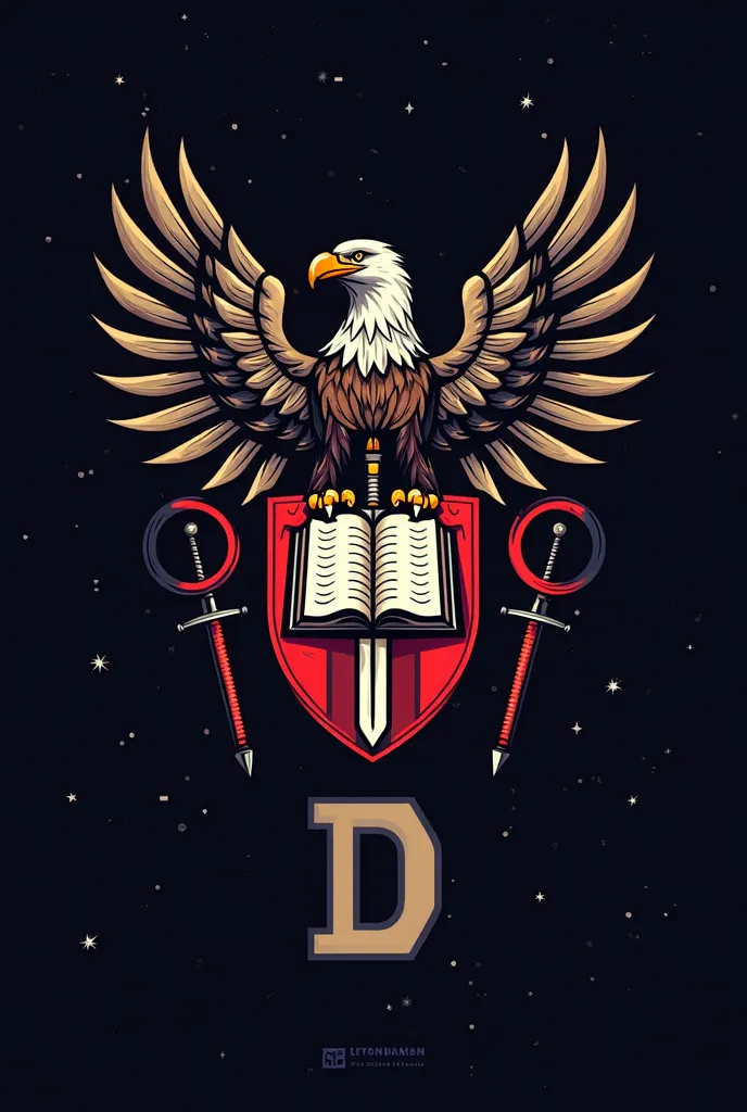 A coat of arms with the initials D written below Go and win! . The coat of arms on a black background also includes the emblem of an eagle and a bible, as well as a sword to show dominance.