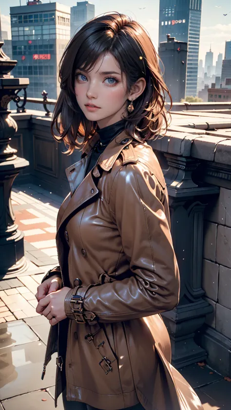  matrix、Trinity、Young Scandinavian woman, cute face,  enchanting, top quality, masterpiece, ((( soft lips ))), (((glossy lips))), very detailed, (Semi-Realistic:1.2), black long leather trench coat、black leather pants、black leather boots、Fantastic Skyscrap...