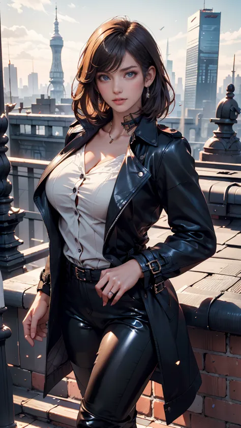  matrix、Trinity、Young Scandinavian woman, cute face,  enchanting, top quality, masterpiece, ((( soft lips ))), (((glossy lips))), very detailed, (Semi-Realistic:1.2), black long leather trench coat、black leather pants、black leather boots、Fantastic Skyscrap...