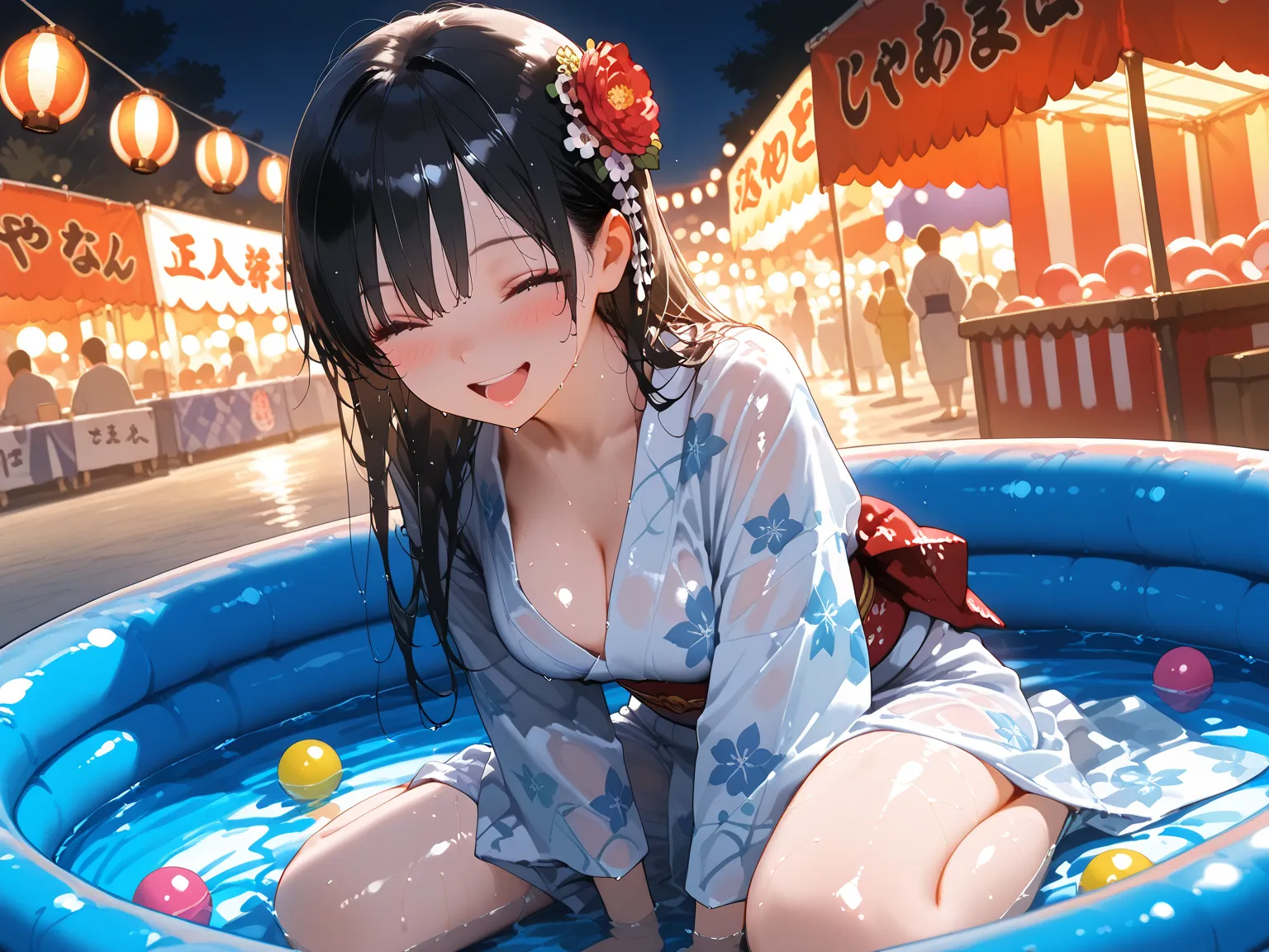 masterpiece, best quality, amazing quality, hyper-detailed, realistic, 1girl, wet, wet hair, wet clothes, wet skin, very wet skin, shiny skin, shiny clothes, Suchwet, detailed background, black hair, long hair, kanzashi, yukata, wading pool, wariza, summer...