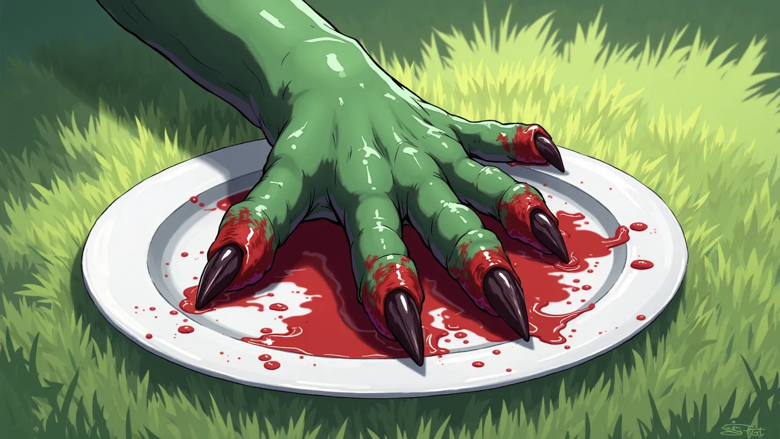 Anime style. clear day, green meadow. A severed paw with claws covered in the blood of a green monster lies on a white plate. Paw up to elbow.