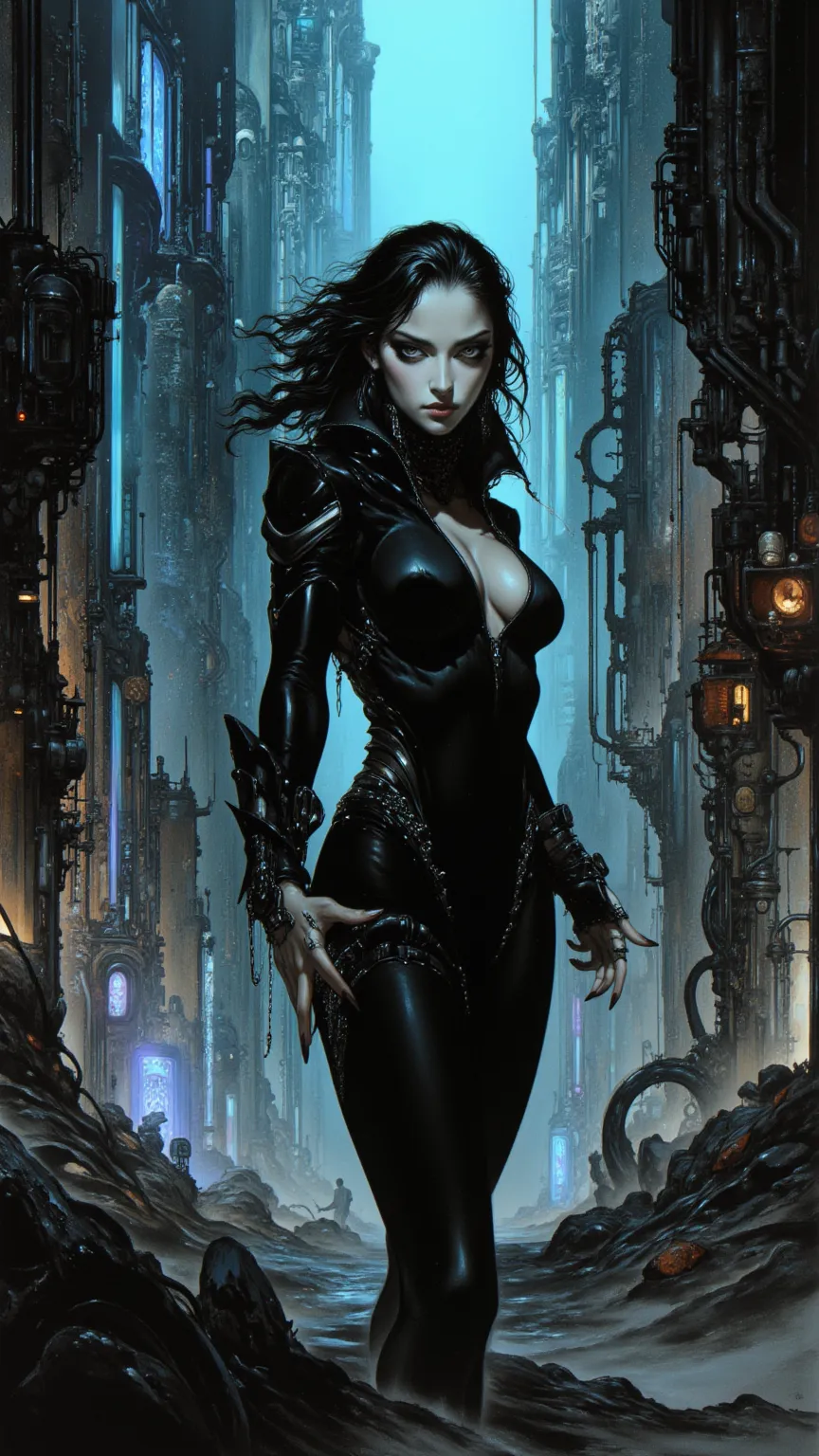 full body, Cyberpunk Arab women，fear ，sci-fi，future，Sexy，Wayne Reynolds draws，in a highly detailed and dynamic style, 