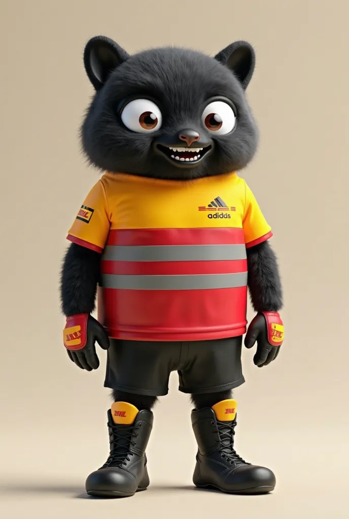 Create a non-human mascot in the shape of a black Adidas shoebox, with eyes and a mouth, looking happy. The mascot should feature realistic details of a shoebox and wear the DHL uniform: a shirt that is half yellow and half red, with a gray reflective stri...