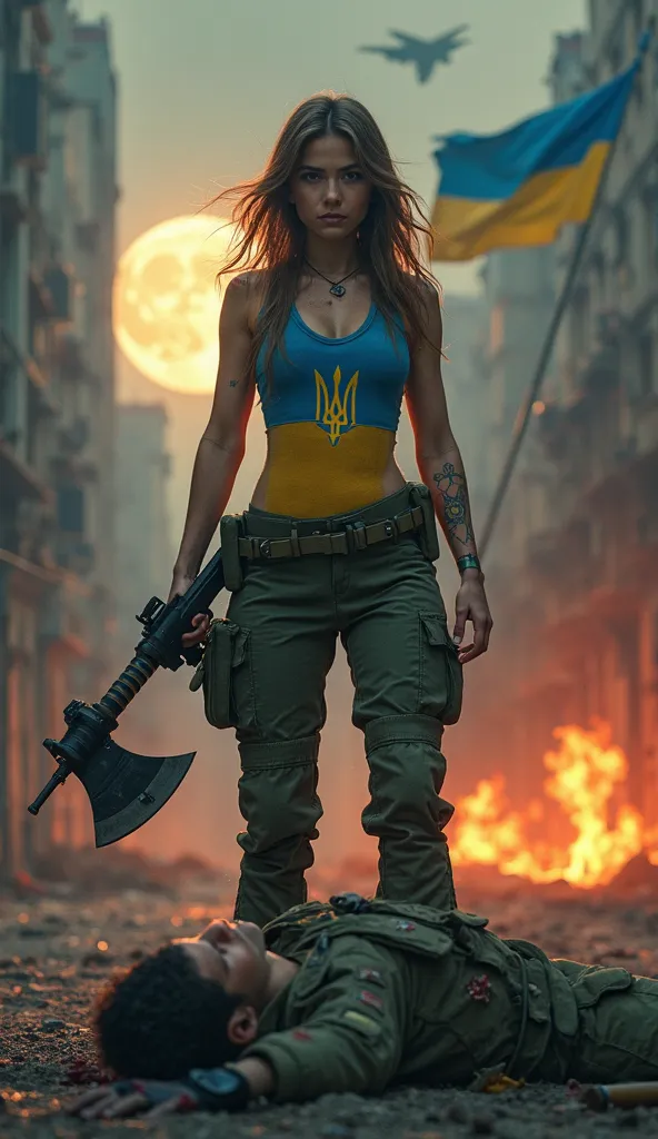 A young female Ukrainian bare body soldier, fair-skinned and probably in her late s or early twenties, is depicted in a war-torn urban setting in Ukraine. She stands in the center of the frame, facing the viewer, holding an assault rifle and a bloody large...