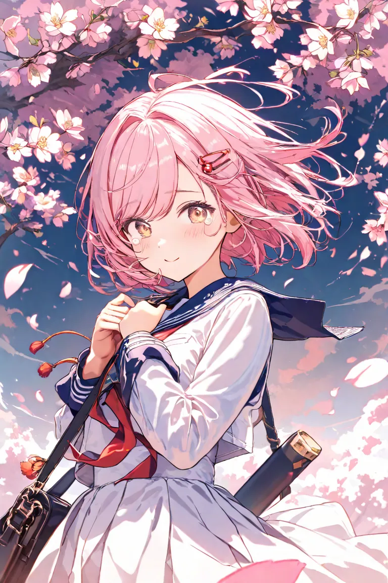 masterpiece,top quality,Super Detail,8k,A girl shedding tears of joy　 pink hair short hair　 hairpins　long sleeve navy blue sailor suit　graduation　Hair Shakes in the Wind　cherry blossoms