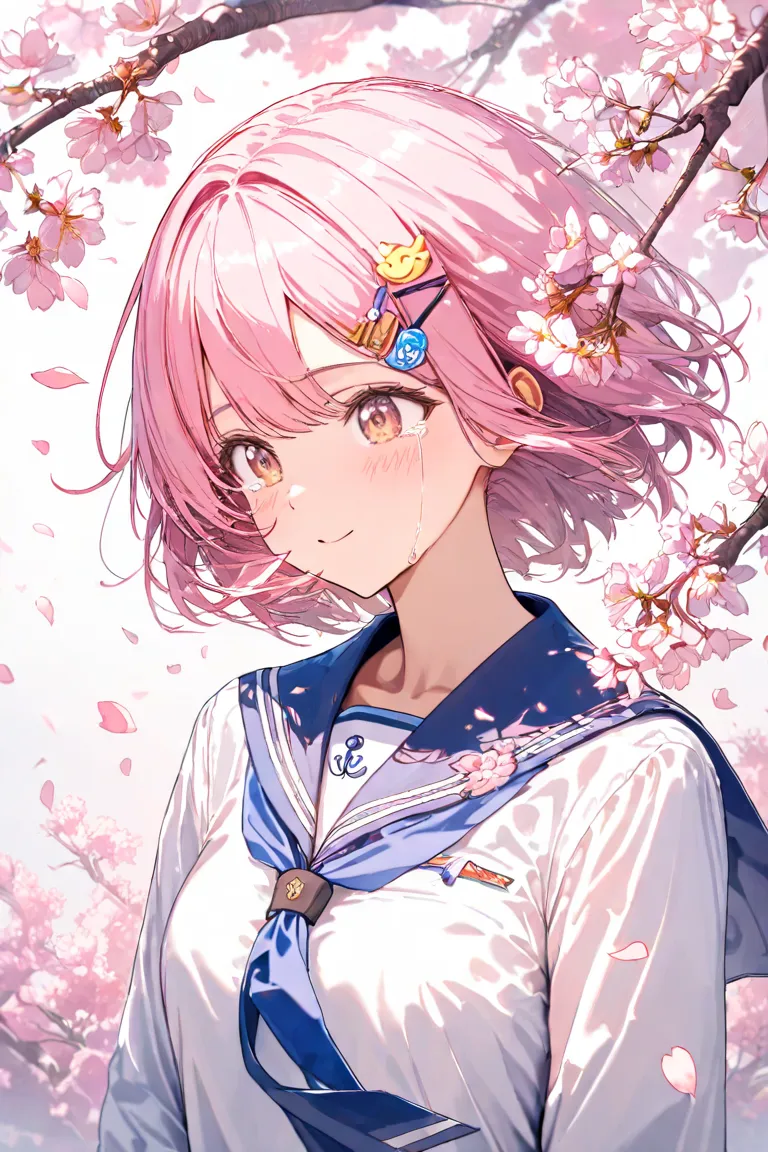 masterpiece,top quality,Super Detail,8k,A girl shedding tears of joy　 pink hair short hair　 hairpins　long sleeve navy blue sailor suit　graduation　Hair Shakes in the Wind　cherry blossoms