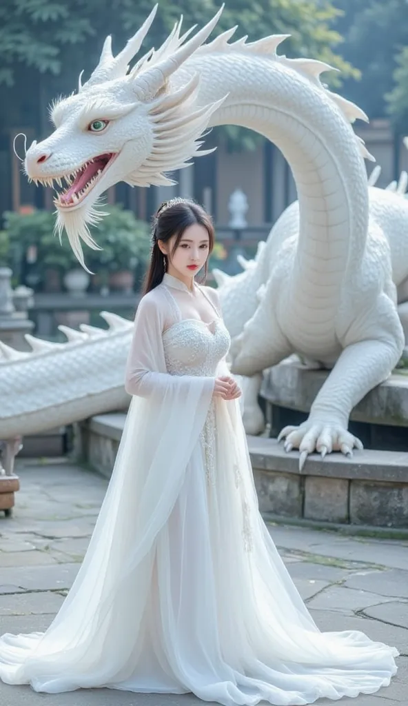 The image depicts a mystical scene featuring a woman and a dragon. 

1. ** Woman**: She stands gracefully in front, wears an elegant white long dress, floating blue . Her costumes are traditional and elegant, that complements the fantasy theme. Her hair is...