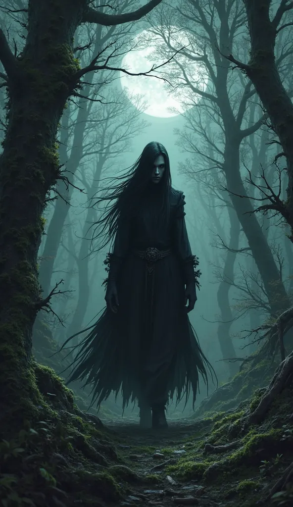  With black hair, black clothes and a serious face walking through a forest at night 